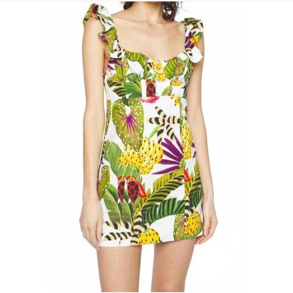 Farm Rio Striped Forest Tropical Mini Dress White Green XL NEW 311388